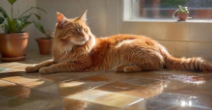 A long-haired ginger cat reclines gracefully on cool ceramic tiles, seeking relief from the summer heat. Sunlight filters through a nearby window, casting soft, warm highlights on its fur. A water bowl is placed near. hyperrealistic, photorealistic