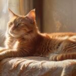 A cozy, hyperrealistic scene of a relaxed ginger cat lying on a soft blanket next to a half-packed suitcase, sunlight streaming through a nearby window, highlighting dust motes, with travel accessories scattered around, evoking a sense of calm departure, beautiful, perfect, hyperrealistic, photorealistic, flawless, masterpiece