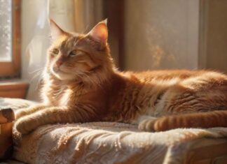 Katzen im Urlaub: Tipps für die Betreuung A cozy, hyperrealistic scene of a relaxed ginger cat lying on a soft blanket next to a half-packed suitcase, sunlight streaming through a nearby window, highlighting dust motes, with travel accessories scattered around, evoking a sense of calm departure, beautiful, perfect, hyperrealistic, photorealistic, flawless, masterpiece