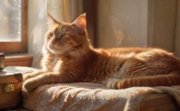 Katzen im Urlaub: Tipps für die Betreuung A cozy, hyperrealistic scene of a relaxed ginger cat lying on a soft blanket next to a half-packed suitcase, sunlight streaming through a nearby window, highlighting dust motes, with travel accessories scattered around, evoking a sense of calm departure, beautiful, perfect, hyperrealistic, photorealistic, flawless, masterpiece