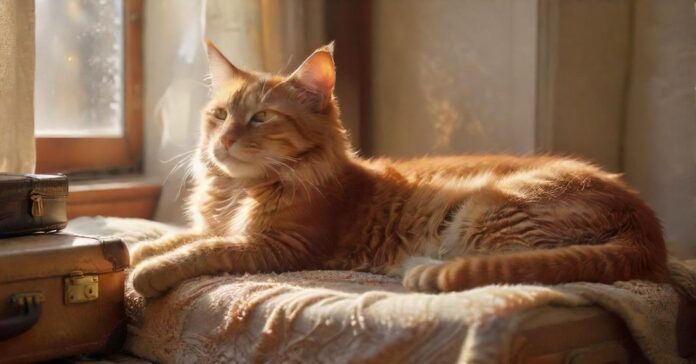 A cozy, hyperrealistic scene of a relaxed ginger cat lying on a soft blanket next to a half-packed suitcase, sunlight streaming through a nearby window, highlighting dust motes, with travel accessories scattered around, evoking a sense of calm departure, beautiful, perfect, hyperrealistic, photorealistic, flawless, masterpiece