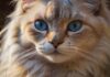 Katzen im Winter: Tipps für Wohnung & Freigang A hyperrealistic close-up of a fluffy long-haired cat with piercing blue eyes looking directly at the camera, snowflakes gently landing on its fur, warm indoor lighting casting soft shadows, blurred cozy background with a fireplace, winter scene, no text