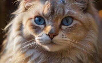 A hyperrealistic close-up of a fluffy long-haired cat with piercing blue eyes looking directly at the camera, snowflakes gently landing on its fur, warm indoor lighting casting soft shadows, blurred cozy background with a fireplace, winter scene, no text