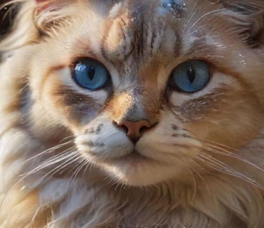 A hyperrealistic close-up of a fluffy long-haired cat with piercing blue eyes looking directly at the camera, snowflakes gently landing on its fur, warm indoor lighting casting soft shadows, blurred cozy background with a fireplace, winter scene, no text