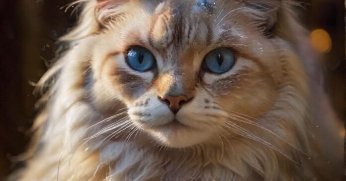 A hyperrealistic close-up of a fluffy long-haired cat with piercing blue eyes looking directly at the camera, snowflakes gently landing on its fur, warm indoor lighting casting soft shadows, blurred cozy background with a fireplace, winter scene, no text