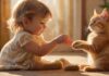 Katzen und Kinder: Tipps fürs Zusammenleben A hyperrealistic photo of a toddler gently petting a calm, orange tabby cat on a soft, sunlit carpet. The background includes blurred children's toys and a cozy, safe home environment, no text.