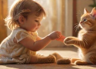 A hyperrealistic photo of a toddler gently petting a calm, orange tabby cat on a soft, sunlit carpet. The background includes blurred children's toys and a cozy, safe home environment, no text.