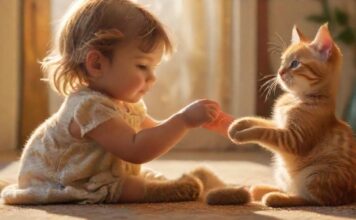 Katzen und Kinder: Tipps fürs Zusammenleben A hyperrealistic photo of a toddler gently petting a calm, orange tabby cat on a soft, sunlit carpet. The background includes blurred children's toys and a cozy, safe home environment, no text.