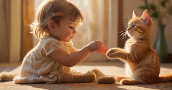 A hyperrealistic photo of a toddler gently petting a calm, orange tabby cat on a soft, sunlit carpet. The background includes blurred children's toys and a cozy, safe home environment, no text.