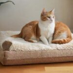 Cozy, hyperrealistic scene of cat supplies: plush cat bed, scratching post, ceramic food and water bowls, and a secure carrier. Soft, warm lighting, natural textures, no text.