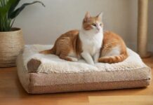 Cozy, hyperrealistic scene of cat supplies: plush cat bed, scratching post, ceramic food and water bowls, and a secure carrier. Soft, warm lighting, natural textures, no text.