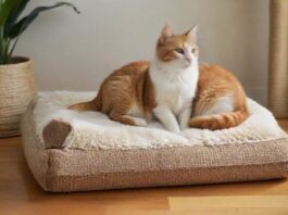 Cozy, hyperrealistic scene of cat supplies: plush cat bed, scratching post, ceramic food and water bowls, and a secure carrier. Soft, warm lighting, natural textures, no text.