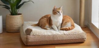 Cozy, hyperrealistic scene of cat supplies: plush cat bed, scratching post, ceramic food and water bowls, and a secure carrier. Soft, warm lighting, natural textures, no text.