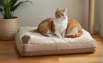 Cozy, hyperrealistic scene of cat supplies: plush cat bed, scratching post, ceramic food and water bowls, and a secure carrier. Soft, warm lighting, natural textures, no text.