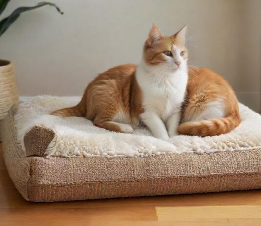 Cozy, hyperrealistic scene of cat supplies: plush cat bed, scratching post, ceramic food and water bowls, and a secure carrier. Soft, warm lighting, natural textures, no text.