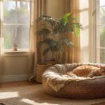 A hyperrealistic scene of a cozy living room, with various cat accessories naturally integrated. A plush cat bed, a sturdy scratching post, ceramic food and water bowls, and a transport box are visible. Natural light, warm tones, soft textures