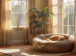 A hyperrealistic scene of a cozy living room, with various cat accessories naturally integrated. A plush cat bed, a sturdy scratching post, ceramic food and water bowls, and a transport box are visible. Natural light, warm tones, soft textures