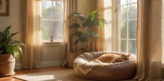 A hyperrealistic scene of a cozy living room, with various cat accessories naturally integrated. A plush cat bed, a sturdy scratching post, ceramic food and water bowls, and a transport box are visible. Natural light, warm tones, soft textures
