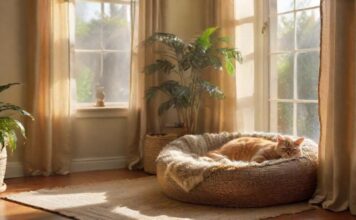 Katzen Zubehör: Für glückliche Katzen A hyperrealistic scene of a cozy living room, with various cat accessories naturally integrated. A plush cat bed, a sturdy scratching post, ceramic food and water bowls, and a transport box are visible. Natural light, warm tones, soft textures