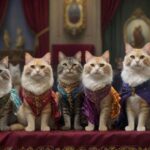 Katzenausstellung: Schönheit & Eleganz A hyperrealistic photograph of a cat show, showcasing a variety of pedigreed cats. Elegant felines in decorated cages, judges examining them, crowd watching. Vibrant, warm lighting, depth of field focusing on a beautiful Maine Coon, avoiding text.