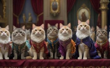A hyperrealistic photograph of a cat show, showcasing a variety of pedigreed cats. Elegant felines in decorated cages, judges examining them, crowd watching. Vibrant, warm lighting, depth of field focusing on a beautiful Maine Coon, avoiding text.