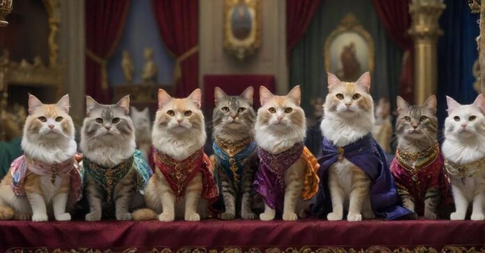 A hyperrealistic photograph of a cat show, showcasing a variety of pedigreed cats. Elegant felines in decorated cages, judges examining them, crowd watching. Vibrant, warm lighting, depth of field focusing on a beautiful Maine Coon, avoiding text.