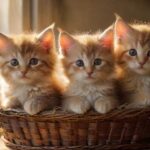 Katzenbabys: Tipps für die ersten Wochen Three adorable, hyperrealistic Kittens huddled together in a soft, warm wicker basket, sunlight streaming through a nearby window, casting gentle shadows. Focus on intricate fur detail, expressive eyes, and natural, relaxed poses. No text