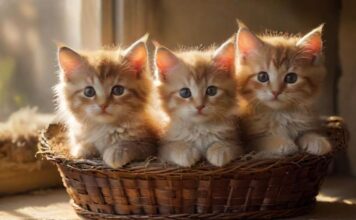 Three adorable, hyperrealistic Kittens huddled together in a soft, warm wicker basket, sunlight streaming through a nearby window, casting gentle shadows. Focus on intricate fur detail, expressive eyes, and natural, relaxed poses. No text