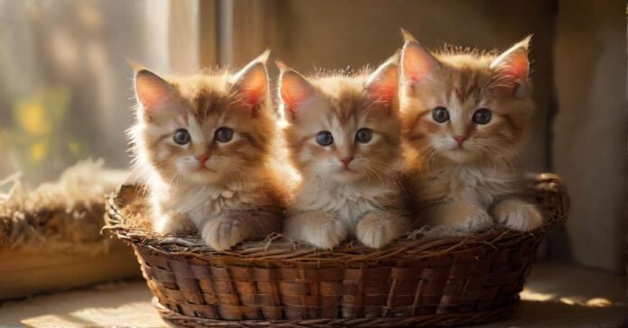 Three adorable, hyperrealistic Kittens huddled together in a soft, warm wicker basket, sunlight streaming through a nearby window, casting gentle shadows. Focus on intricate fur detail, expressive eyes, and natural, relaxed poses. No text