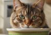 A hyperrealistic close-up of a healthy, adult tabby cat with bright green eyes, eating from a bowl of high-quality wet food. Detailed fur texture, realistic lighting, and a clean, modern kitchen background. No text.