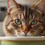 Katzenernährung: Tipps vom Experten A hyperrealistic close-up of a healthy, adult tabby cat with bright green eyes, eating from a bowl of high-quality wet food. Detailed fur texture, realistic lighting, and a clean, modern kitchen background. No text.