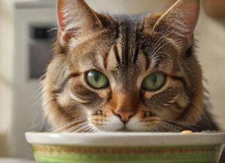 Katzenernährung: Tipps vom Experten A hyperrealistic close-up of a healthy, adult tabby cat with bright green eyes, eating from a bowl of high-quality wet food. Detailed fur texture, realistic lighting, and a clean, modern kitchen background. No text.