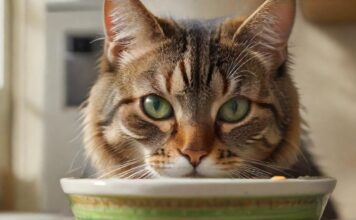 A hyperrealistic close-up of a healthy, adult tabby cat with bright green eyes, eating from a bowl of high-quality wet food. Detailed fur texture, realistic lighting, and a clean, modern kitchen background. No text.