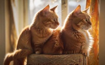 A close-up, hyperrealistic shot of a ginger tabby cat looking intently at a scratching post, sunlight streaming through a nearby window, highlighting its fur. Cozy, warm living room setting, soft textures, no text.