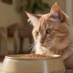 Katzenfutter: Qualität im Fokus A hyperrealistic close-up of a healthy, adult cat eating from a bowl of premium dry cat food. Soft, natural lighting highlights the cat's fur and the texture of the kibble. Background is a blurred, cozy home environment. No text.