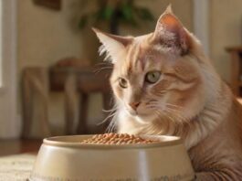A hyperrealistic close-up of a healthy, adult cat eating from a bowl of premium dry cat food. Soft, natural lighting highlights the cat's fur and the texture of the kibble. Background is a blurred, cozy home environment. No text.