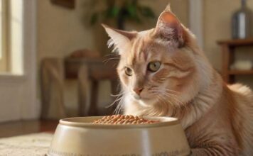 A hyperrealistic close-up of a healthy, adult cat eating from a bowl of premium dry cat food. Soft, natural lighting highlights the cat's fur and the texture of the kibble. Background is a blurred, cozy home environment. No text.