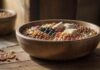 Katzenfutter: Qualität im Fokus A hyperrealistic close-up of various cat food types, including dry kibble and wet food in a bowl, arranged on a rustic wooden surface. Soft, natural lighting highlights the textures, with no text.