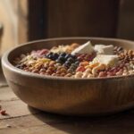 A hyperrealistic close-up of various cat food types, including dry kibble and wet food in a bowl, arranged on a rustic wooden surface. Soft, natural lighting highlights the textures, with no text.