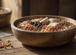 A hyperrealistic close-up of various cat food types, including dry kibble and wet food in a bowl, arranged on a rustic wooden surface. Soft, natural lighting highlights the textures, with no text.