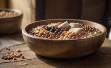 A hyperrealistic close-up of various cat food types, including dry kibble and wet food in a bowl, arranged on a rustic wooden surface. Soft, natural lighting highlights the textures, with no text.