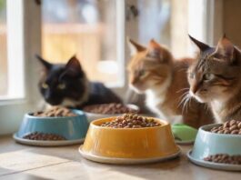 A hyperrealistic, close-up shot of various types of cat food, both wet and dry, arranged attractively in bowls. Soft, natural lighting highlights textures, with a blurred, cozy home background. No text or logos. Photorealistic detail.