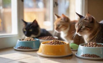 A hyperrealistic, close-up shot of various types of cat food, both wet and dry, arranged attractively in bowls. Soft, natural lighting highlights textures, with a blurred, cozy home background. No text or logos. Photorealistic detail.
