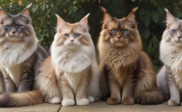 A photorealistic image of five different cat breeds together: Maine Coon, Persian, Siamese, British Shorthair, and Bengal. Natural lighting, soft focus, lush green background, hyperrealistic fur detail, no text.