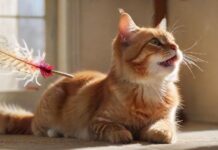 A hyperrealistic, close-up shot of a happy, engaged cat playing with a feather wand. Soft, natural lighting highlights the cat's fur and the texture of the toy. A cat scratching post in blurred background, home environment, warm tones.