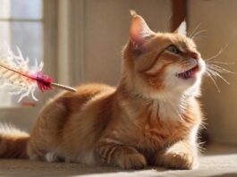 A hyperrealistic, close-up shot of a happy, engaged cat playing with a feather wand. Soft, natural lighting highlights the cat's fur and the texture of the toy. A cat scratching post in blurred background, home environment, warm tones.