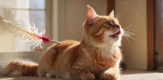 A hyperrealistic, close-up shot of a happy, engaged cat playing with a feather wand. Soft, natural lighting highlights the cat's fur and the texture of the toy. A cat scratching post in blurred background, home environment, warm tones.
