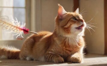 A hyperrealistic, close-up shot of a happy, engaged cat playing with a feather wand. Soft, natural lighting highlights the cat's fur and the texture of the toy. A cat scratching post in blurred background, home environment, warm tones.