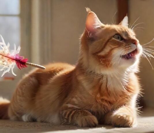 A hyperrealistic, close-up shot of a happy, engaged cat playing with a feather wand. Soft, natural lighting highlights the cat's fur and the texture of the toy. A cat scratching post in blurred background, home environment, warm tones.
