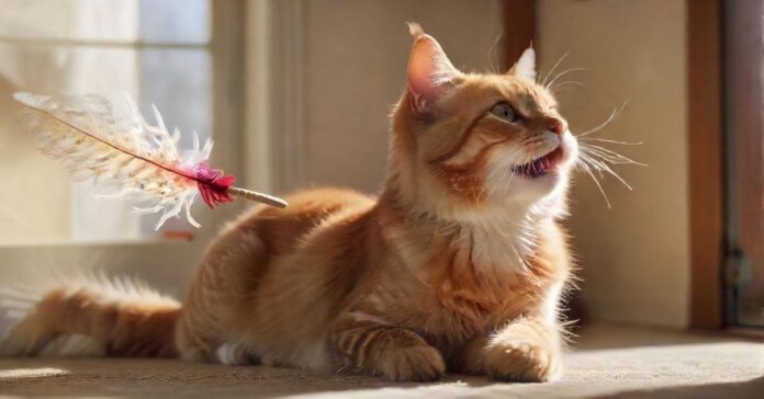 A hyperrealistic, close-up shot of a happy, engaged cat playing with a feather wand. Soft, natural lighting highlights the cat's fur and the texture of the toy. A cat scratching post in blurred background, home environment, warm tones.